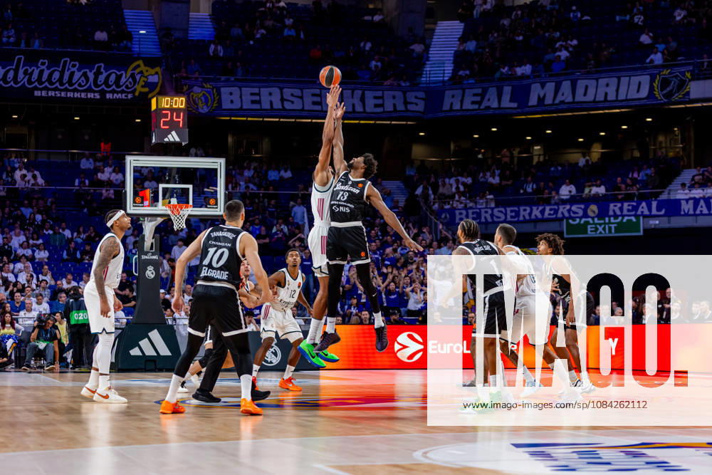 ESP Euroleague: Real Madrid vs. Partizan Belgrade—tip-off during the Euroleague game between Real Madrid and Partizan Mozzart Bet Belgrade, played at Movistar Arena Stadium on October 8, 2026, in Madrid, Spain. Madrid, Spain. Basketball