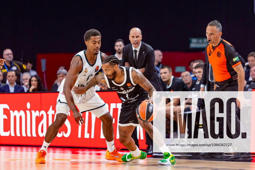 ESP Euroleague: Real Madrid vs. Partizan Belgrade. Theo Maledon of Real Madrid and Carlik Jones of Partizan during the Euroleague game between Real Madrid and Partizan Mozzart Bet Belgrade, played at Movistar Arena Stadium on October 8, 2026, in Madrid, Spain. Madrid, Spain. Basketball