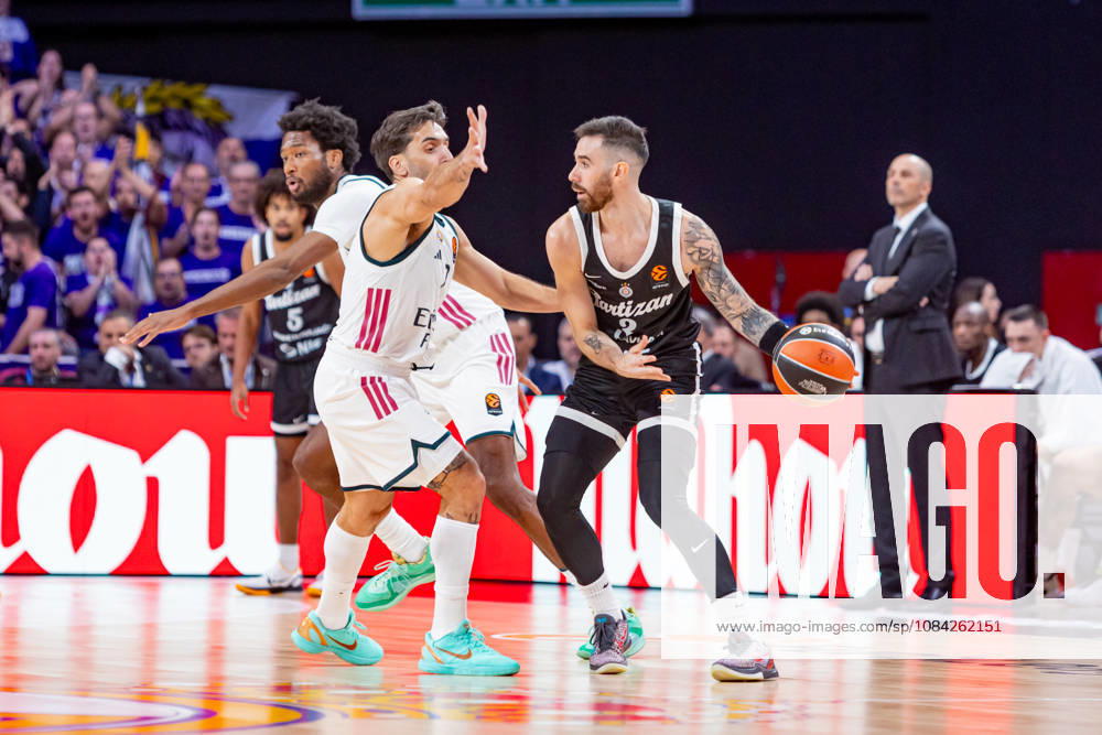ESP Euroleague: Real Madrid vs. Partizan Belgrade. Facundo Campazzo of Real Madrid and Luca Vildoza of Partizan during the Euroleague game between Real Madrid and Partizan Mozzart Bet Belgrade, played at Movistar Arena on October 8, 2026, in Madrid, Spain. Madrid, Spain. Basketball