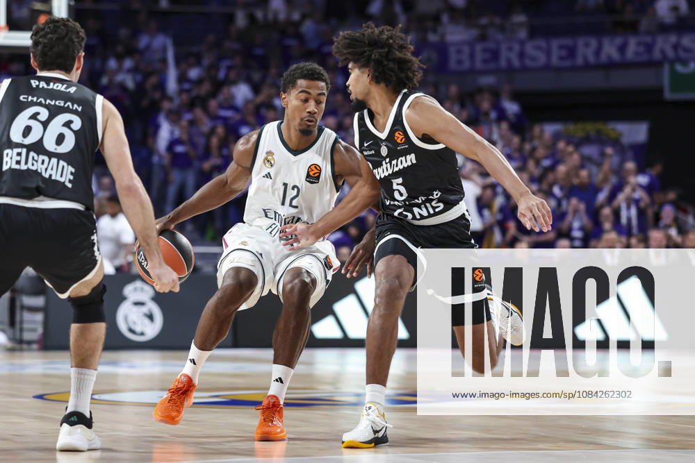 Theo Maledon of Real Madrid and Ethan Thompson of Partizan Mozzart Bet Belgrade in action during the Euroleague Basketball Regular Season Round 4 game between Real Madrid v Partizan Mozzart Bet Belgrade at Movistar Arena on October 08, 2026 in Madrid, Spain. Madrid Spain - ZUMAa181 20261008_zaa_a181_224