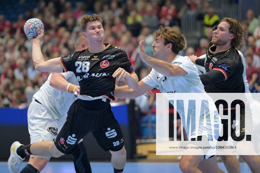 Luca Sigrist (MT Melsungen 28) taking a shot; Thibaud Briet (HBC Nantes 3); Johannes Golla (MT Melsungen 14 R); GER; MT Melsungen vs. HBC Nantes (FRA); Handball; Men s Champions League; Group Matches; 2026–2027 Season; October 8, 2026, GER, MT Melsungen vs. HBC Nantes Handball, Men’s Champions League, Group Match, 2026–2027 Season, October 8, 2026, Kassel
