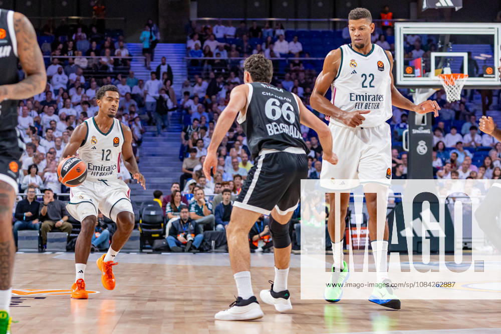 ESP EuroLeague: Real Madrid vs. Partizan Belgrade — Theo Maledon of Real Madrid during the EuroLeague game between Real Madrid and Partizan Mozzart Bet Belgrade, played at Movistar Arena on October 8, 2026, in Madrid, Spain. Madrid, Spain. Basketball