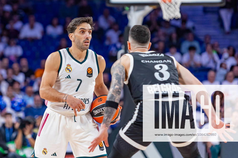 ESP Euroleague: Real Madrid vs. Partizan Belgrade. Facundo Campazzo of Real Madrid and Luca Vildoza of Partizan during the Euroleague game between Real Madrid and Partizan Mozzart Bet Belgrade, played at Movistar Arena on October 8, 2026, in Madrid, Spain. Madrid, Spain. Basketball
