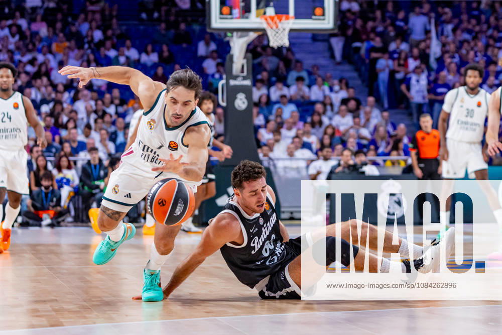 ESP EuroLeague: Real Madrid vs. Partizan Belgrade. Facundo Campazzo of Real Madrid and Alesandro Pajola of Partizan during the EuroLeague game between Real Madrid and Partizan Mozzart Bet Belgrade, played at Movistar Arena on October 8, 2026, in Madrid, Spain. Madrid, Spain. Basketball