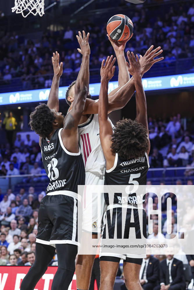 Kevarrius Hayes of Partizan Mozzart Bet Belgrade, Walter Samuel Tavares da Veiga of Real Madrid and Ethan Thompson of Partizan Mozzart Bet Belgrade in action during the Euroleague Basketball Regular Season Round 4 game between Real Madrid v Partizan Mozzart Bet Belgrade at Movistar Arena on October 08, 2026 in Madrid, Spain. Real Madrid V Partizan Mozzart Bet Belgrade - Euroleague 2025 2026 - ZUMAa181 20261008_zaa_a181_237
