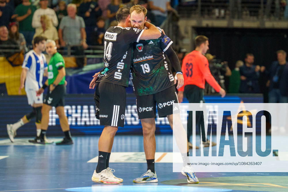 Pictured: Mathias Gidsel (Fuechse Berlin), 19; Aitor Arino (Fuechse Berlin), 14; celebration and joy after the game on October 8, 2026; Fuechse Berlin vs. FC Porto, EHF Handball Champions League, 2026–27 season, Max Schmeling Hall