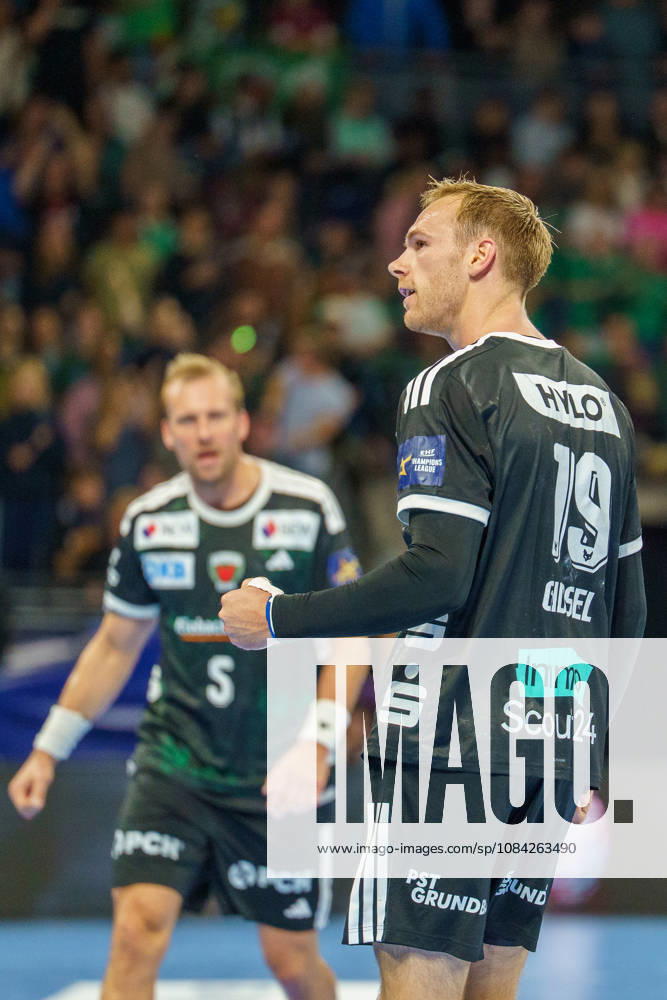 Pictured: Mathias Gidsel of Fuechse Berlin, 19, goal, score, celebration, goal celebration, joy, enthusiasm, celebrating, cheering, October 8, 2026, Fuechse Berlin vs. FC Porto, EHF Handball Champions League, 2026–27 season, Max Schmeling Halle