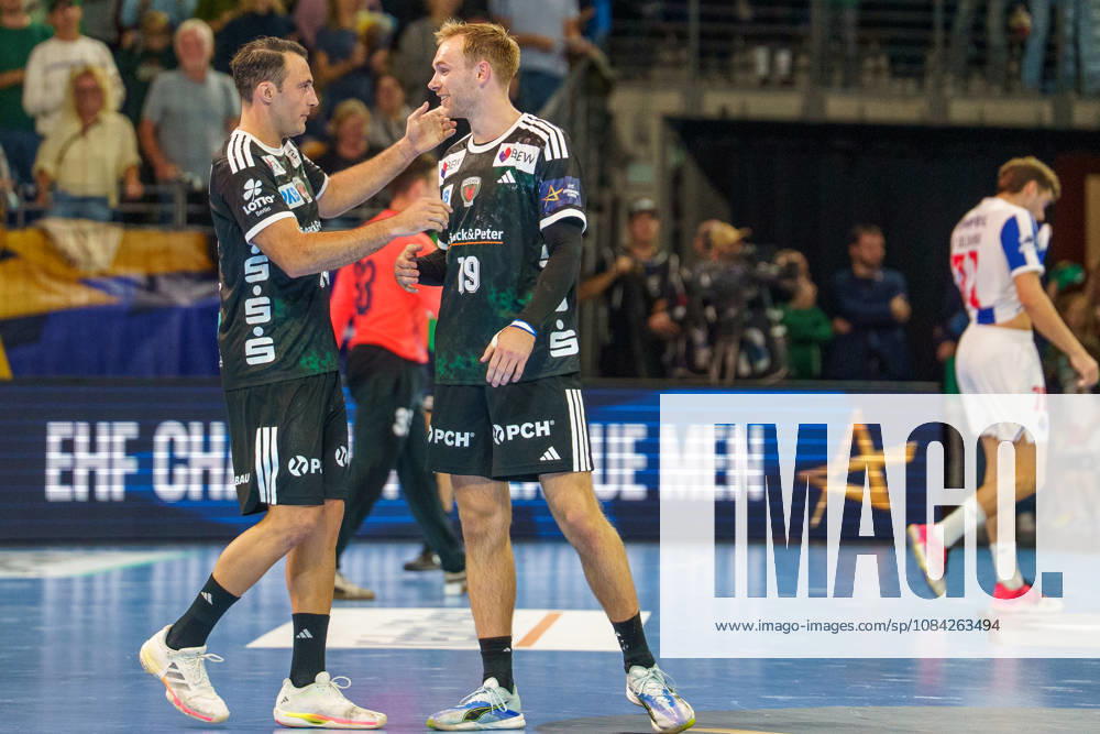 Pictured: Mathias Gidsel (Fuechse Berlin), 19; Aitor Arino (Fuechse Berlin), 14; celebration and joy after the game on October 8, 2026; Fuechse Berlin vs. FC Porto, EHF Handball Champions League, 2026–27 season, Max Schmeling Hall