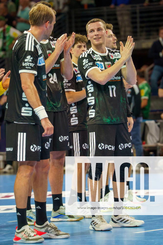 Pictured: Nils Lichtlein of Füchse Berlin, 17, celebrating and rejoicing after the game on October 8, 2026; Füchse Berlin vs. FC Porto, EHF Handball Champions League, 2026–27 season, Max Schmeling Halle