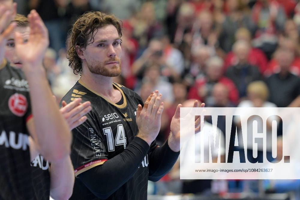 Celebrations and joy after the victory: Johannes Golla, MT Melsungen 14, GER, MT Melsungen vs. HBC Nantes, FRA, Handball, Men s Champions League, Group Matches, 2026–2027 Season, October 8, 2026, GER, MT Melsungen vs. HBC Nantes Handball, Men’s Champions League, Group Match, 2026–2027 Season, October 8, 2026, Kassel