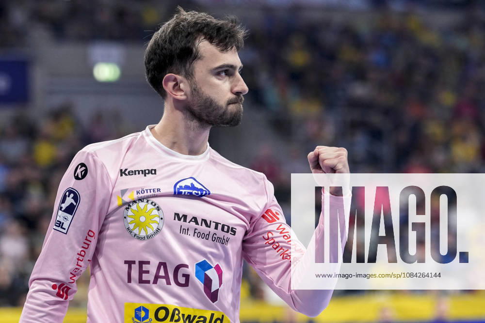 Matija Spikic, goalkeeper, ThSV, 1, single image, single photo, action, ThSV Eisenach player, celebration, celebrating, celebrates, joy, happy, happy to, confident, optimistic, positive, game scene, October 8, 2026, Mannheim, Germany, handball, Bundesliga, Rhein-Neckar Löwen vs. ThSV Eisenach