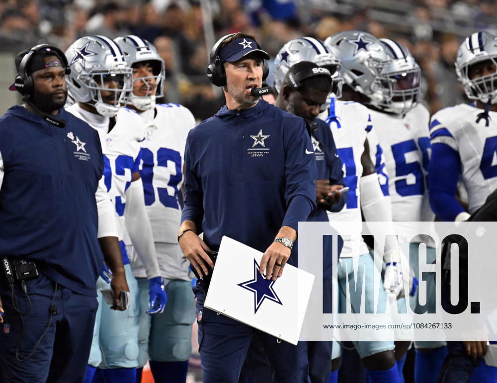 Dallas Cowboys head coach Berian Schottenheimer calls plays against the Tampa Bay Buccaneers during their game at AT&T Stadium in Arlington, Texas on Thursday, October 8, 2026. ARL2026100817 IANxHALPERIN