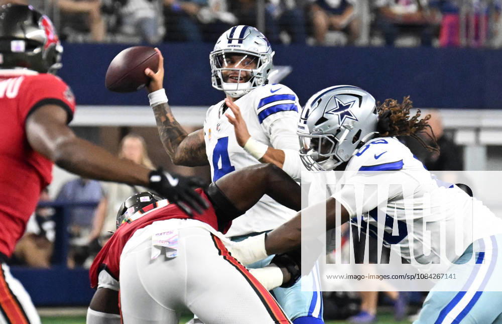 Dallas Cowboys Dak Prescott throws aganst the Tampa Bay Buccaneers during their game at AT&T Stadium in Arlington, Texas on Thursday, October 8, 2026. ARL2026100824 IANxHALPERIN