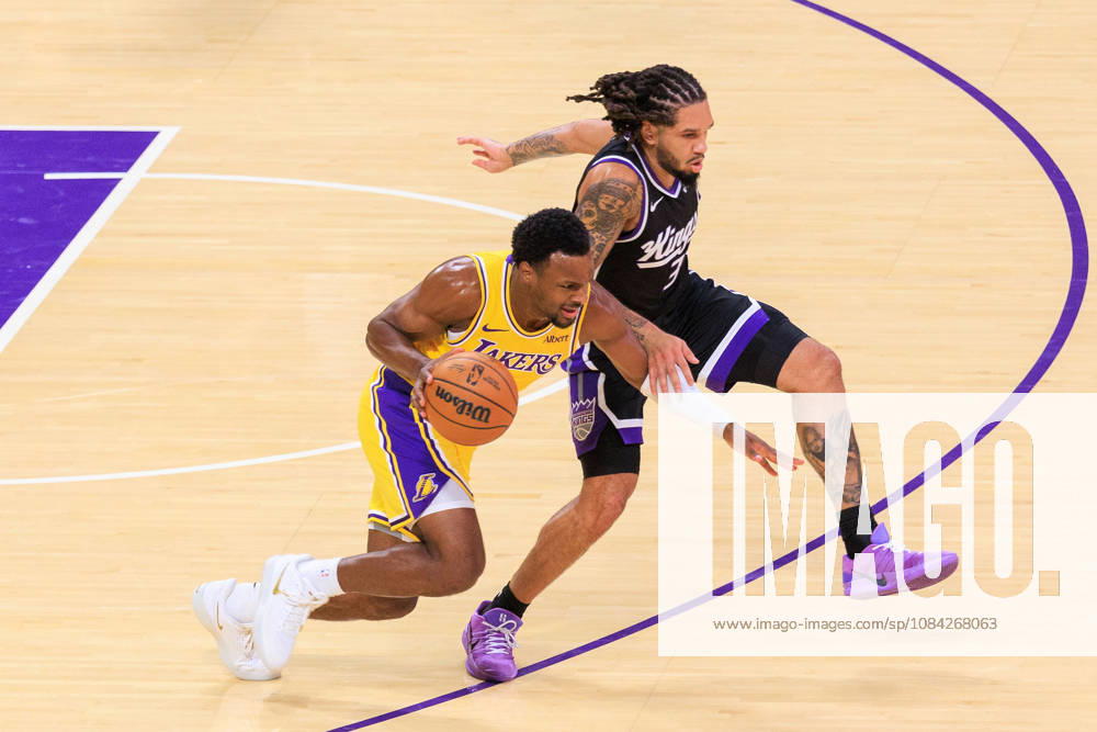 Bronny James 9 of the Los Angeles Lakers tries to drive past Emanuel Sharp 34 of the Sacramento Kings during a preseason NBA, Basketball Herren, USA game on Thursday October 8, 2026 at Crypto.com Arena in Los Angeles, California. JAVIER ROJAS PI Lakers Vs. Kings - ZUMAp124 20261008_zaa_p124_010