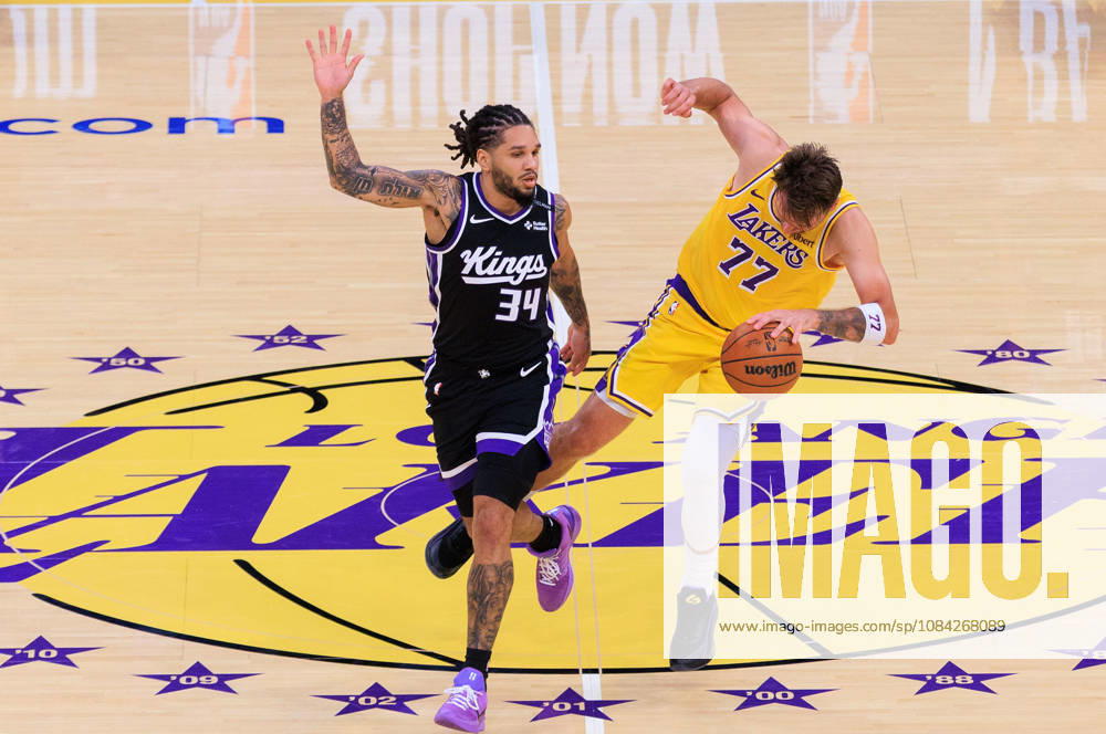 Luka Doncic 77 of the Los Angeles Lakers is fouled by Emanuel Sharp 34 of the Sacramento Kings during a preseason NBA, Basketball Herren, USA game on Thursday October 8, 2026 at Crypto.com Arena in Los Angeles, California. JAVIER ROJAS PI Lakers Vs. Kings - ZUMAp124 20261008_zaa_p124_022