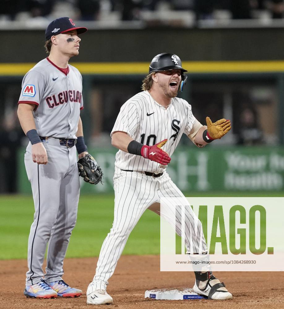 Baseball: Division Series between Guardians and White Sox Chase Meidroth of the Chicago White Sox celebrates after hitting a double in the third inning of Game 4 of the American League Division Series against the Cleveland Guardians at Rate Field in Chicago on Oct. 8, 2026. A14AA0005630520P