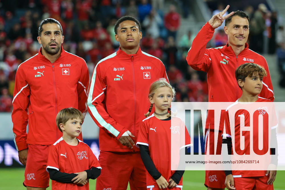 Ricardo Rodriguez Araya (13, Switzerland, l.), Sascha Britschgi (2, Switzerland) and Vincent Sierro (6, Switzerland) during the UEFA Nations League match between Switzerland and North Macedonia at thermoplan arena on October 6, 2026 in Lucerne, Switzerland.