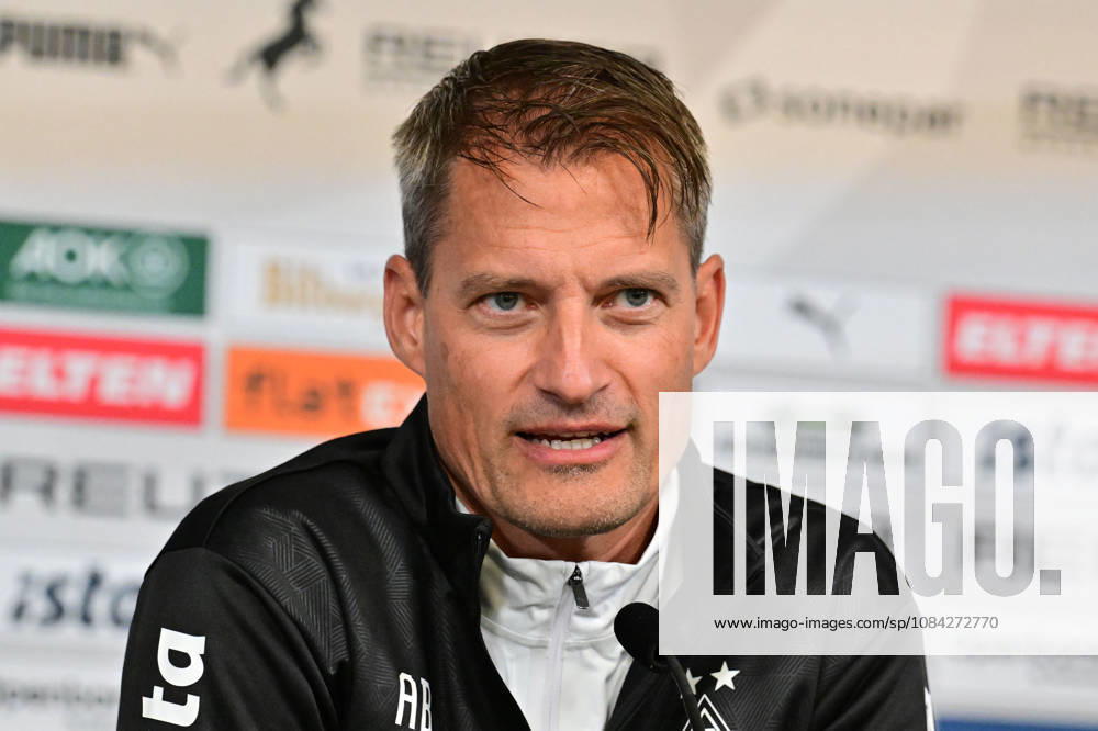 Mönchengladbach Soccer, Men s, 2026–2027 season, Borussia Mönchengladbach press conference ahead of the match against 1. FC Köln; Alexander Blessin, Gladbach coach; DFL regulations prohibit any use of photographs as image sequences and or quasi-video; Borussia Park, North Rhine-Westphalia, Germany