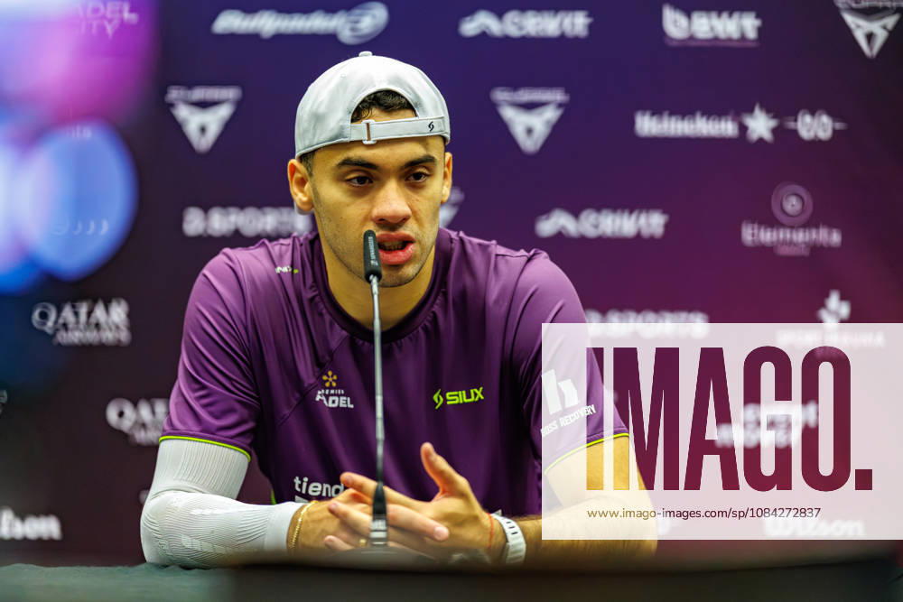 DÜSSELDORF, GERMANY - 9 OCTOBER 2026: Image shows press conference, PK, Pressekonferenz with Leandro Roman Augsburger (ARG) during CUPRA Germany Premier Padel P2 2026 Day 6: Quarterfinals at CASTELLO Düsseldorf on 9 10 2026 in Düsseldorf, Germany. Germany