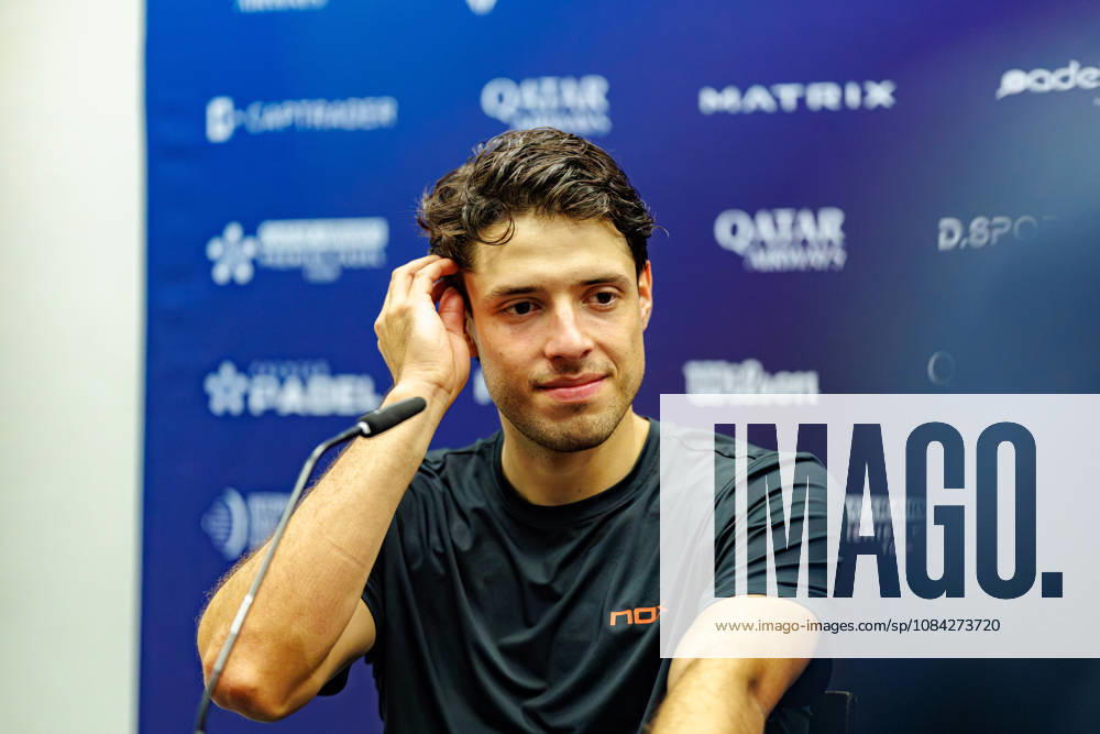 DÜSSELDORF, GERMANY - 9 OCTOBER 2026: Image shows press conference, PK, Pressekonferenz with Agustin Tapia (ARG) during CUPRA Germany Premier Padel P2 2026 Day 6: Quarterfinals at CASTELLO Düsseldorf on 9 10 2026 in Düsseldorf, Germany. Germany