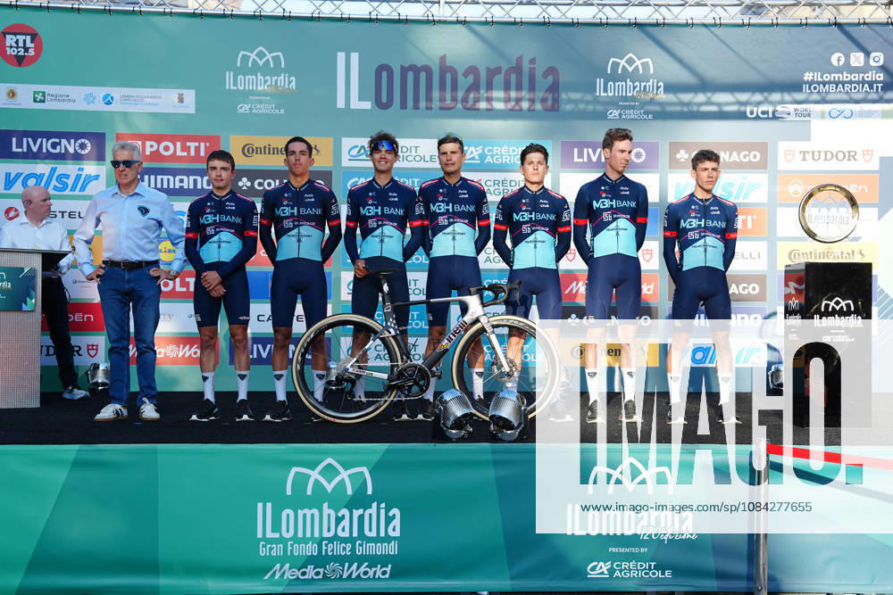 MBH Bank CSB Telecom Fort during the team presentation on the eve of the 120th edition of Il Lombardia cycling race, in Bergamo on October 9, 2026, prior to the 239 km one-day race from Bergamo to Como, Italy.