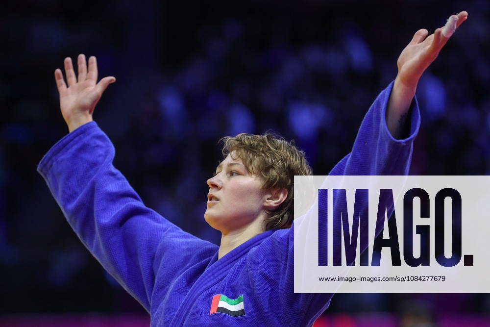AZERBAIJAN, BAKU - OCTOBER 9, 2026: Yelizaveta Litvinenko of the UAE celebrates her victory in a -78 kg bout against Kaila Issoufi of France as part of the 2026 World Judo Championships at the National Gymnastics Arena. Mikhail Sinitsyn TASS 98995355