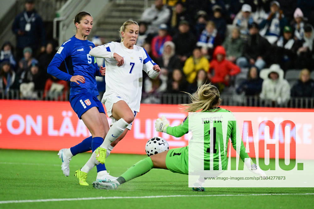 LKS 20261009 Adelina Engman of Finland (middl) in action against Violeta Slovic (left) and Milica Kostic of Serbia during women s World Cup European Qualifying play-off round first leg football match between Finland and Serbia in Tampere, Finland, on October 9, 2026, ahead of the 2027 FIFA Women s World Cup. - ANSSI TAKALA Tampere Finland Lqzl2TUTS8U