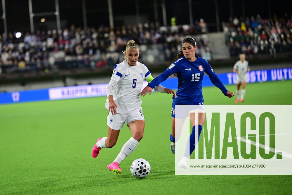 LKS 20261009 Emma Koivisto of Finland (left) and Sara Stokic of Serbia in action during the women s World Cup European Qualifying play-off round first leg football match between Finland and Serbia in Tampere, Finland, on October 9, 2026, ahead of the 2027 FIFA Women s World Cup. - ANSSI TAKALA Tampere Finland RmMOn0CnO7Q