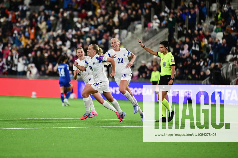 From left, FInnish players Katariina Kosola, Lotta Lindström and Eveliina Summanen celebrating 2-0 goal by Lindström during the women s World Cup European Qualifying play-off round first leg football match between Finland and Serbia in Tampere, Finland, on October 9, 2026, ahead of the 2027 FIFA Women s World Cup. - ANSSI TAKALA Tampere Finland ETdgbmpnGxM
