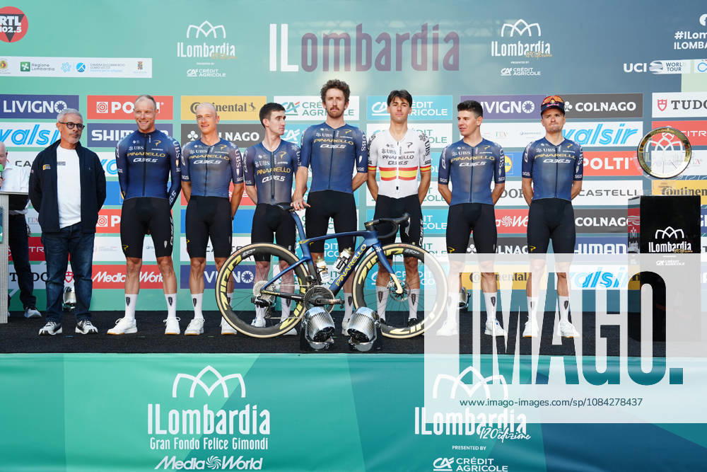 Pinarello-Q36.5 Pro Cycling Team during the team presentation on the eve of the 120th edition of Il Lombardia cycling race, in Bergamo on October 9, 2026, prior to the 239 km one-day race from Bergamo to Como, Italy.