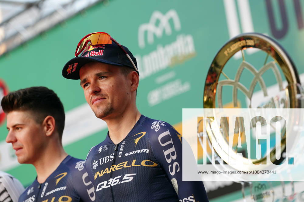 Pinarello-Q36.5 Pro Cycling Team during the team presentation on the eve of the 120th edition of Il Lombardia cycling race, in Bergamo on October 9, 2026, prior to the 239 km one-day race from Bergamo to Como, Italy.
