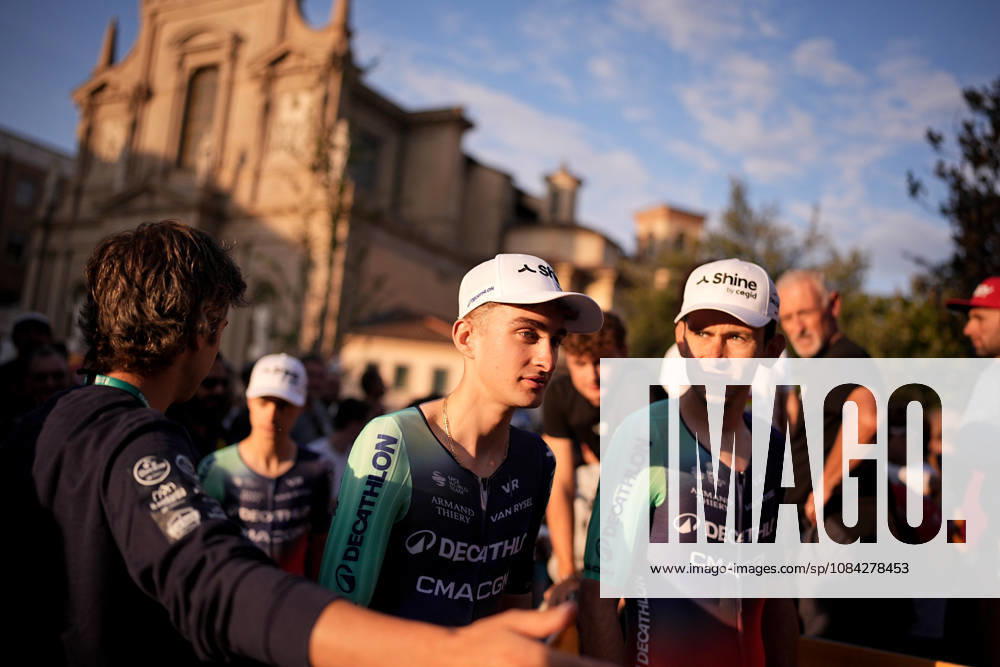 France s Paul Seixas of Decathlon CMA CGM Team during the team presentation on the eve of the 120th edition of Il Lombardia cycling race, in Bergamo on October 9, 2026, prior to the 239 km one-day race from Bergamo to Como, Italy.