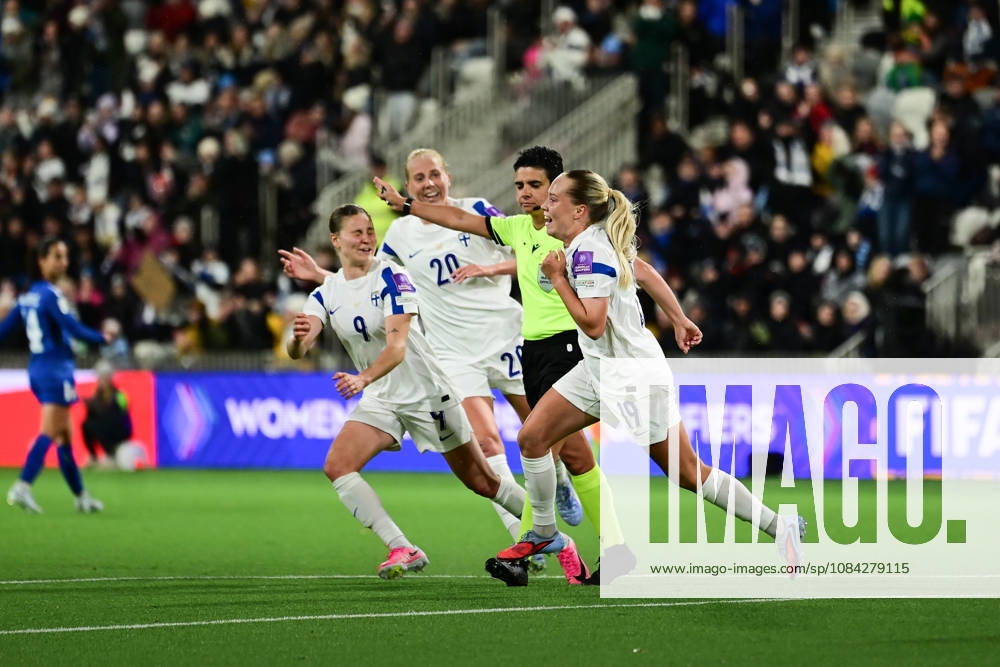 LKS 20261009 From left, FInnish players Katariina Kosola, Eveliina Summanen and Lotta Lindström celebrating 2-0 goal by Lindström during the women s World Cup European Qualifying play-off round first leg football match between Finland and Serbia in Tampere, Finland, on October 9, 2026, ahead of the 2027 FIFA Women s World Cup. - ANSSI TAKALA Tampere Finland SAko2Xln_vc