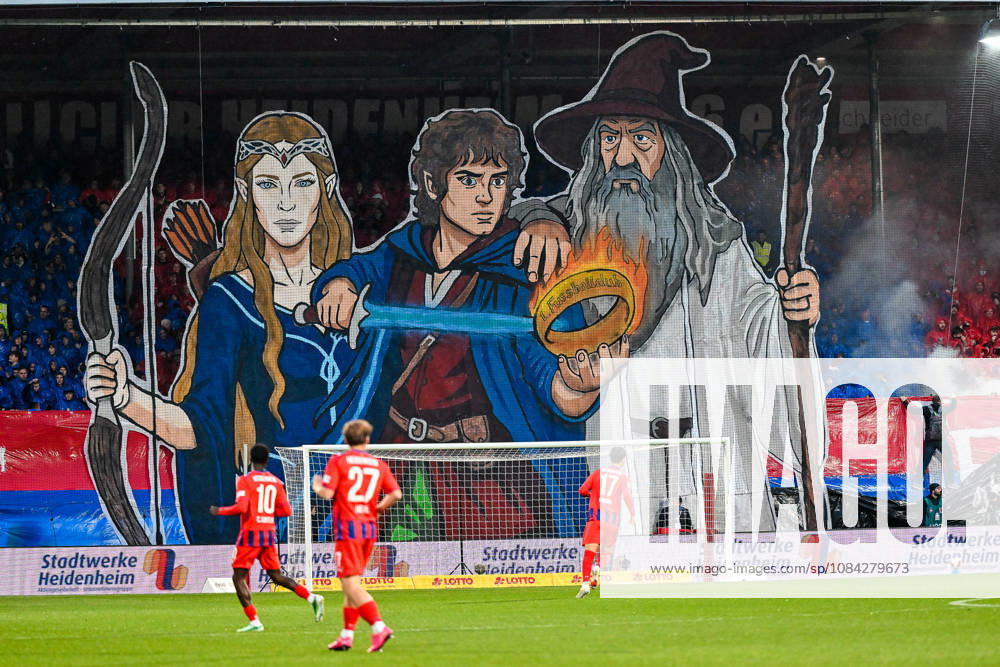 GER, Soccer, Men s, 2. Bundesliga, Matchday 7, 1 FC Heidenheim vs. 1 FC Kaiserslautern, choreography by Heidenheim fans, Ultras, East Stand, motif from *The Lord of the Rings*, Heidenheim Voith Arena, Baden-Württemberg, Germany