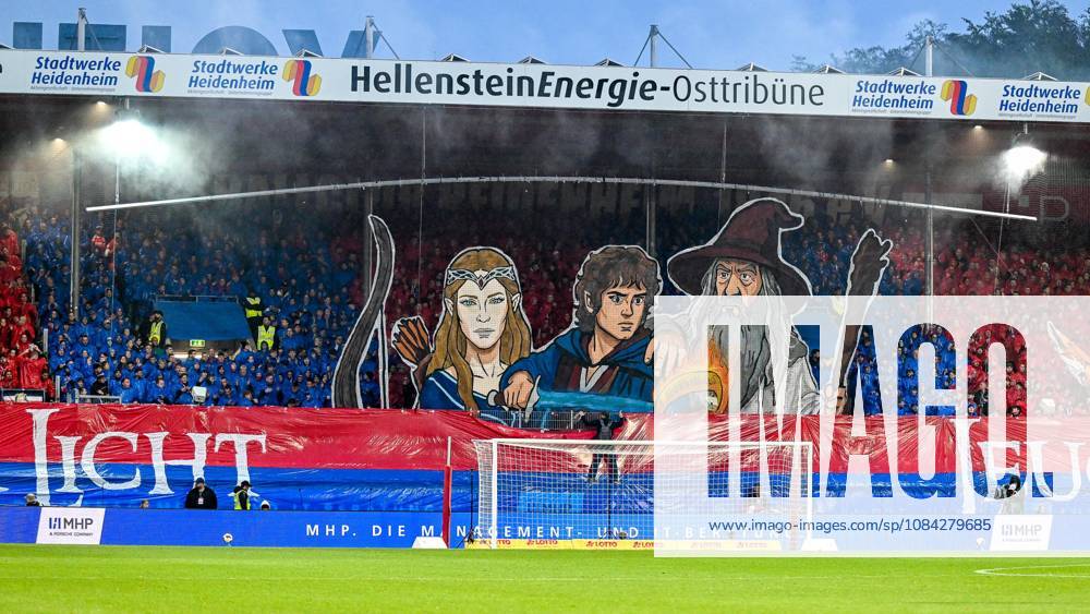GER, Soccer, Men s, 2. Bundesliga, Matchday 7, 1 FC Heidenheim vs. 1 FC Kaiserslautern, choreography by Heidenheim fans, Ultras, East Stand, motif from *The Lord of the Rings*, Heidenheim Voith Arena, Baden-Württemberg, Germany