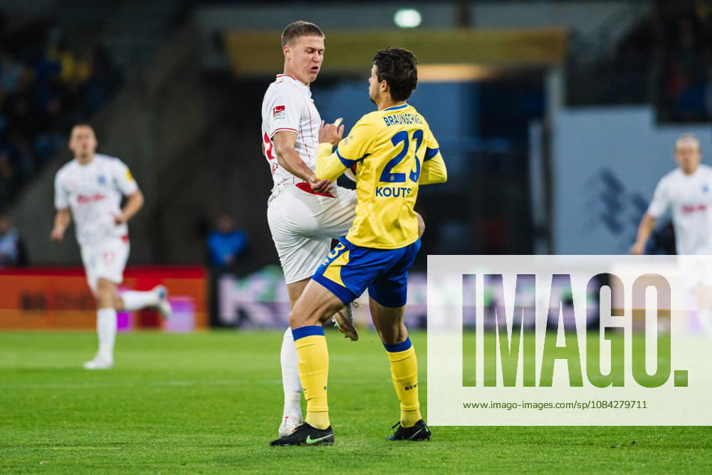 2. Bundesliga: Eintracht Braunschweig vs. Holstein Kiel, October 9, 2026—Phil Harre’s Holstein Kiel (19) vs. Isidoros Koutsidis’s Eintracht Braunschweig (23) in a soccer matchup, 2. Bundesliga, Matchday 7: Eintracht Braunschweig vs. Holstein Kiel on October 9, 2026, at Eintracht Stadium, Braunschweig. DFL regulations prohibit any use of photographs as image sequences and or quasi-video.