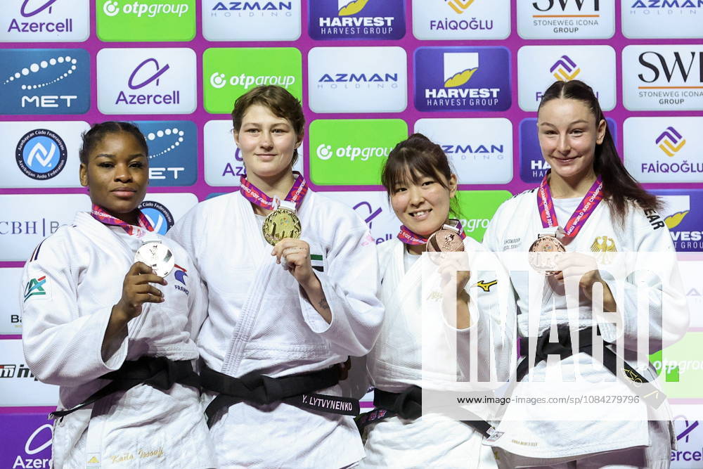 AZERBAIJAN, BAKU - OCTOBER 9, 2026: 2nd placed Kaila Issoufi of France, 1st placed Yelizaveta Litvinenko of the UAE, 3rd placed Kurena Ikeda of Japan and Anna Monta Olek (L-R) of Germany pose during an award ceremony for the women s -78 kg category as part of the 2026 World Judo Championships at the National Gymnastics Arena. Mikhail Sinitsyn TASS 98999424