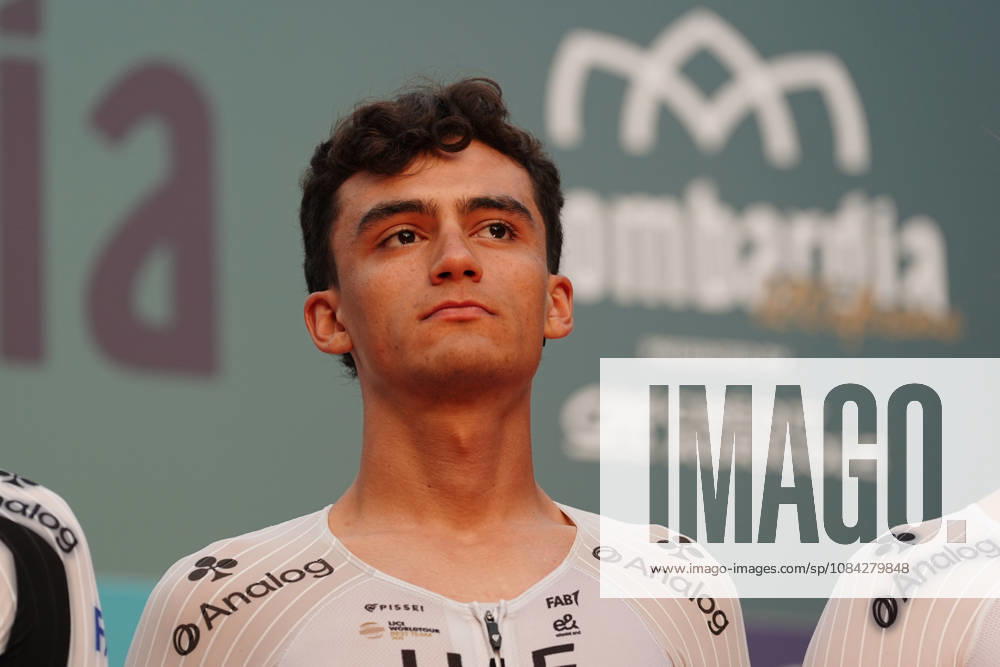 Mexico s Isaac Del Toro Romero of UAE Team Emirates XRG during the team presentation on the eve of the 120th edition of Il Lombardia cycling race, in Bergamo on October 9, 2026, prior to the 239 km one-day race from Bergamo to Como, Italy.