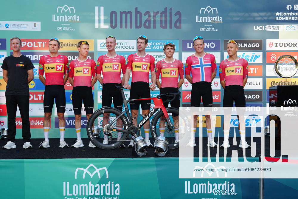 Uno-X Mobility team during the team presentation on the eve of the 120th edition of Il Lombardia cycling race, in Bergamo on October 9, 2026, prior to the 239 km one-day race from Bergamo to Como, Italy.