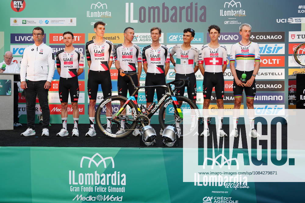 UAE Team Emirates XRG during the team presentation on the eve of the 120th edition of Il Lombardia cycling race, in Bergamo on October 9, 2026, prior to the 239 km one-day race from Bergamo to Como, Italy.