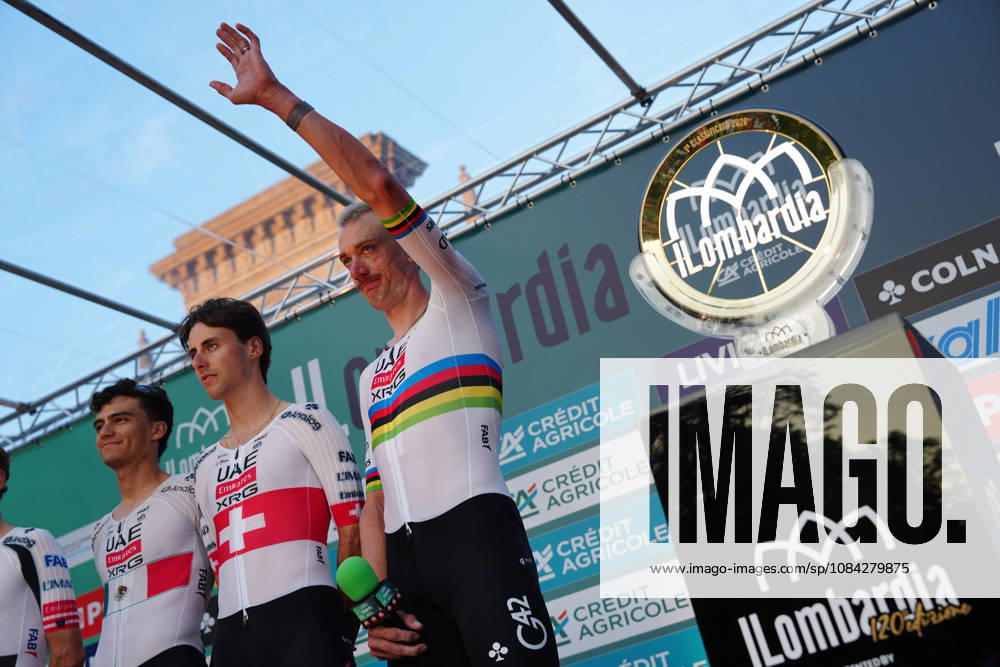 USA s Brandon McNulty of UAE Team Emirates XRG during the team presentation on the eve of the 120th edition of Il Lombardia cycling race, in Bergamo on October 9, 2026, prior to the 239 km one-day race from Bergamo to Como, Italy.
