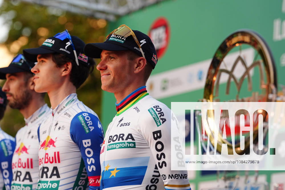 Red Bull - Bora - Hansgrohe during the team presentation on the eve of the 120th edition of Il Lombardia cycling race, in Bergamo on October 9, 2026, prior to the 239 km one-day race from Bergamo to Como, Italy.