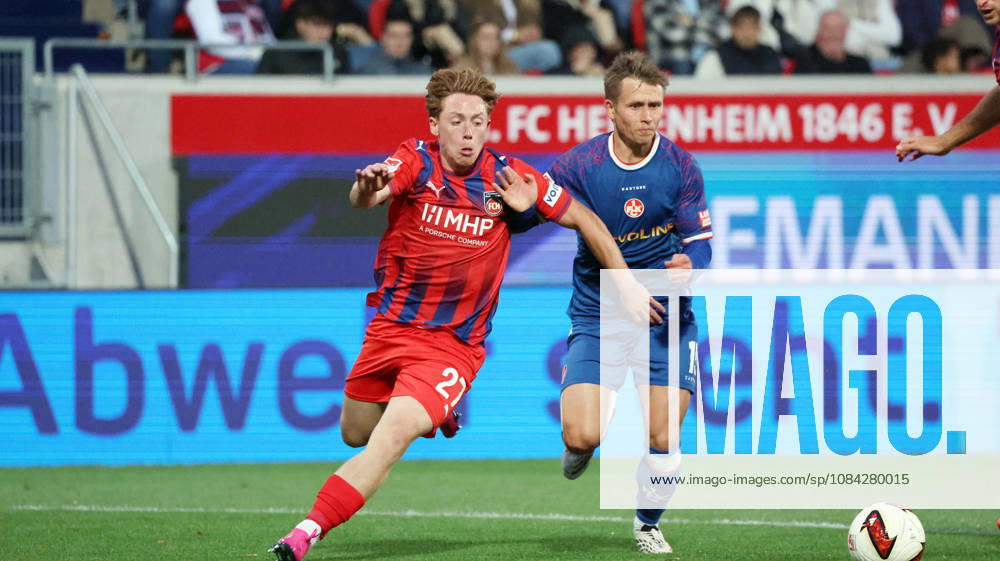 Soccer 2. Bundesliga, 1. FC Heidenheim vs. 1. FC Kaiserslautern, by Michael Heule, 1. FC Heidenheim 1846, Naatan Skyttä Skyttae, 1. FC Kaiserslautern, tackle, action, battle for the ball. DFL and DFB regulations prohibit any use of photographs as image sequences and or quasi-video. Heidenheim