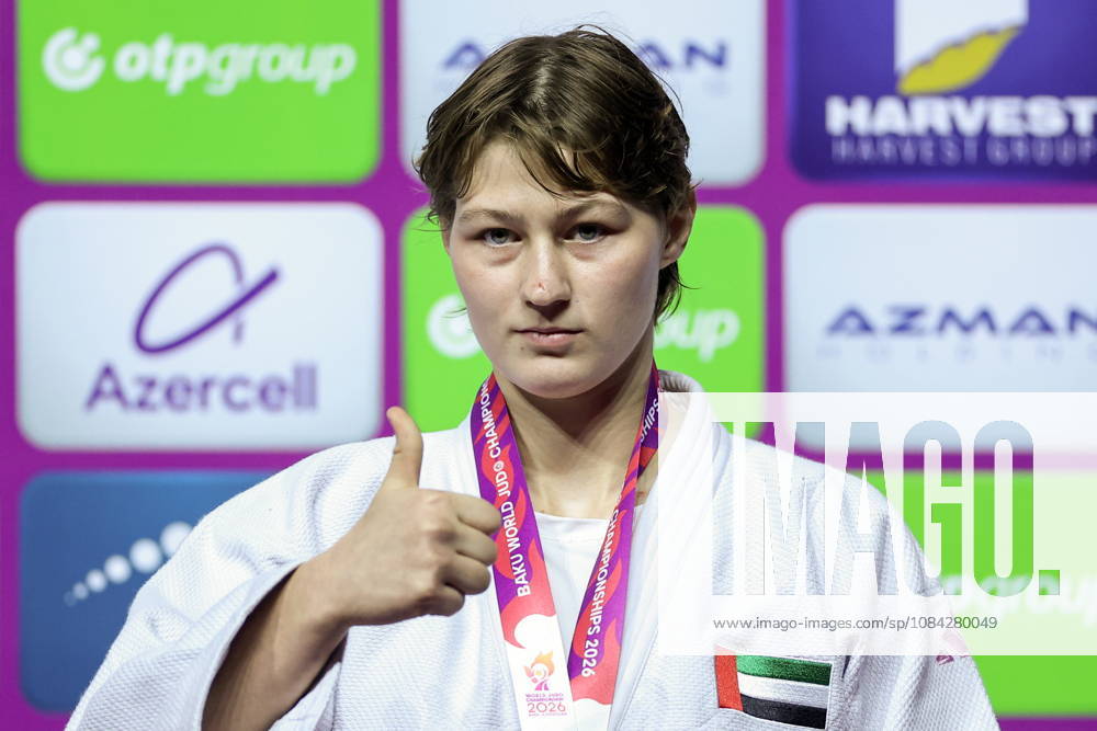 AZERBAIJAN, BAKU - OCTOBER 9, 2026: Yelizaveta Litvinenko of the UAE celebrates her gold medal during an award ceremony for the women s -78 kg category as part of the 2026 World Judo Championships at the National Gymnastics Arena 2026 World Judo Championships In Baku - ZUMAt113 20261009_zaa_t113_783