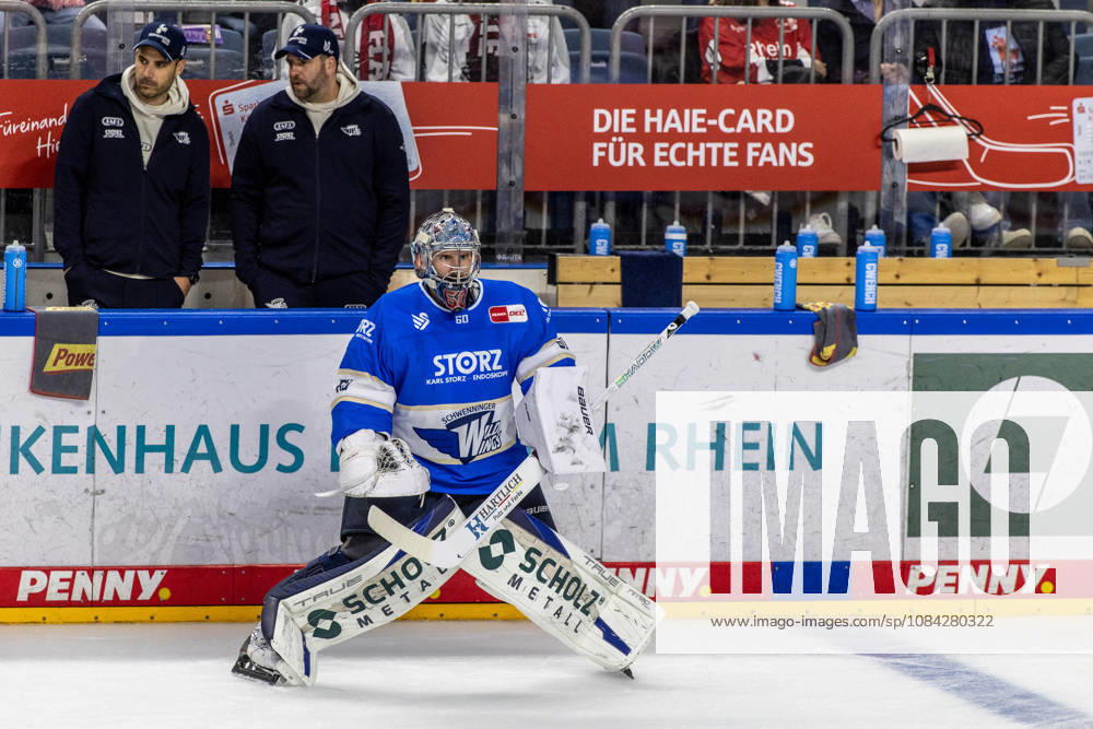 Joacim Eriksson of the Schwenninger Wild Wings, 60, focused during warm-ups for the Koelner Haie vs. Schwenninger Wild Wings game, ice hockey, Penny DEL, Matchday 07, 2026–2027, October 9, 2026, Cologne Sharks vs. Schwenninger Wild Wings, Ice Hockey, Penny DEL, Matchday 7, 2026–2027, October 9, 2026, Cologne
