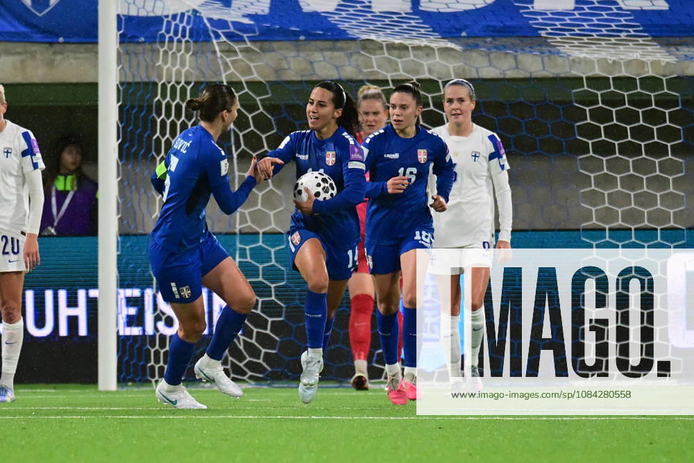 LKS 20261009 From left, Violeta Slovic, goalscorer Vesna Milivojevid and Mina Cavic of Serbia celebraring their first goal (2-1) during the women s World Cup European Qualifying play-off round first leg football match between Finland and Serbia in Tampere, Finland, on October 9, 2026, ahead of the 2027 FIFA Women s World Cup. - ANSSI TAKALA Tampere Finland 72_GFJmiMl4
