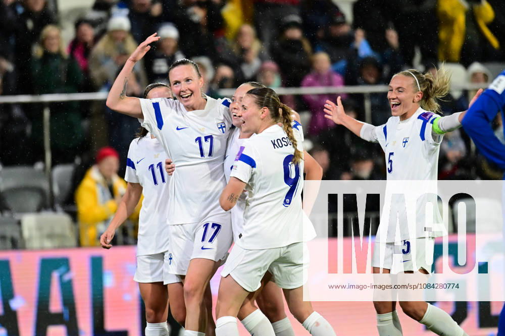 LKS 20261009 Goalscorer Sanni Franssi (17), Katariina Kosola (9) and Emma Koivisto (5) of FInland celebrating 3-1 goal during the women s World Cup European Qualifying play-off round first leg football match between Finland and Serbia in Tampere, Finland, on October 9, 2026, ahead of the 2027 FIFA Women s World Cup. - ANSSI TAKALA Tampere Finland Vh_Ybx6GyMc