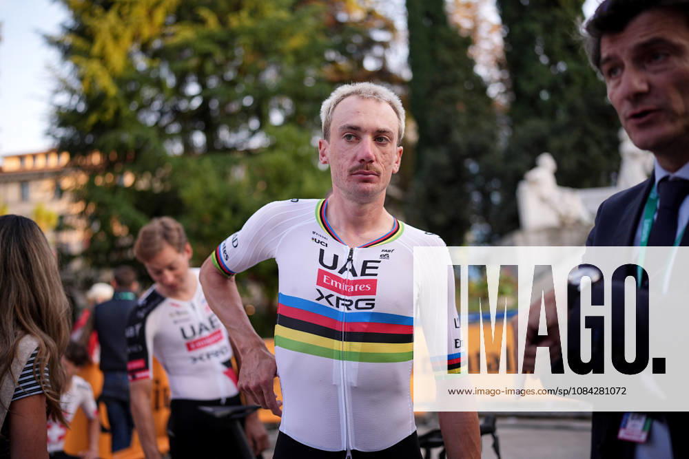 USA s Brandon McNulty of UAE Team Emirates XRG during the team presentation on the eve of the 120th edition of Il Lombardia cycling race, in Bergamo on October 9, 2026, prior to the 239 km one-day race from Bergamo to Como, Italy.