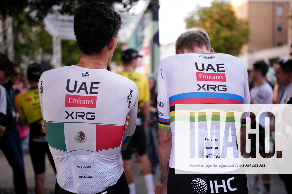 USA s Brandon McNulty of UAE Team Emirates XRG and Mexico s Isaac Del Toro Romero of UAE Team Emirates XRG during the team presentation on the eve of the 120th edition of Il Lombardia cycling race, in Bergamo on October 9, 2026, prior to the 239 km one-day race from Bergamo to Como, Italy.