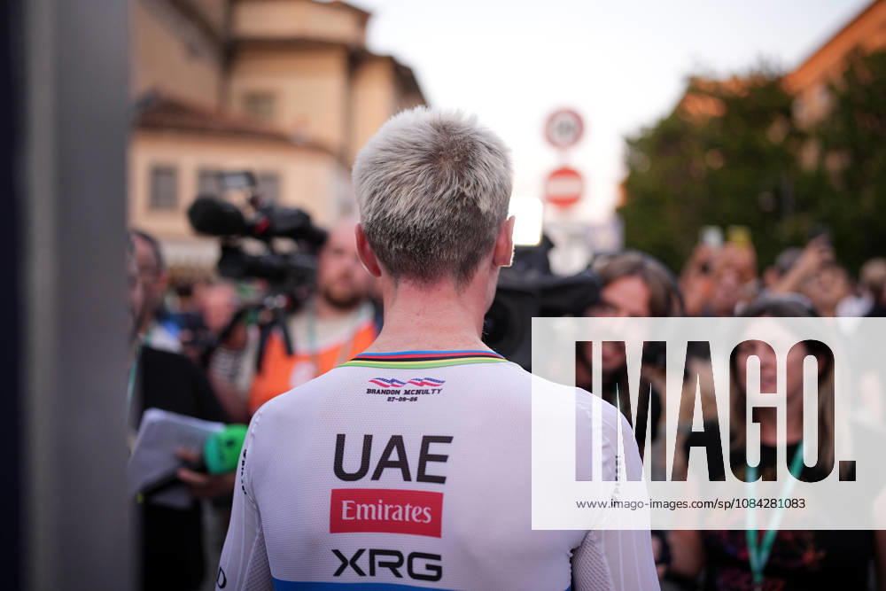 USA s Brandon McNulty of UAE Team Emirates XRG during the team presentation on the eve of the 120th edition of Il Lombardia cycling race, in Bergamo on October 9, 2026, prior to the 239 km one-day race from Bergamo to Como, Italy.